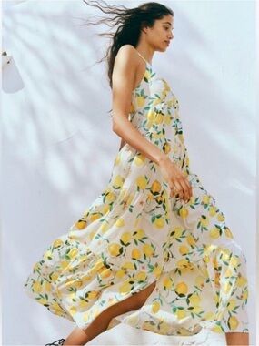 H&M White Lemon-Print Tiered Maxi Dress